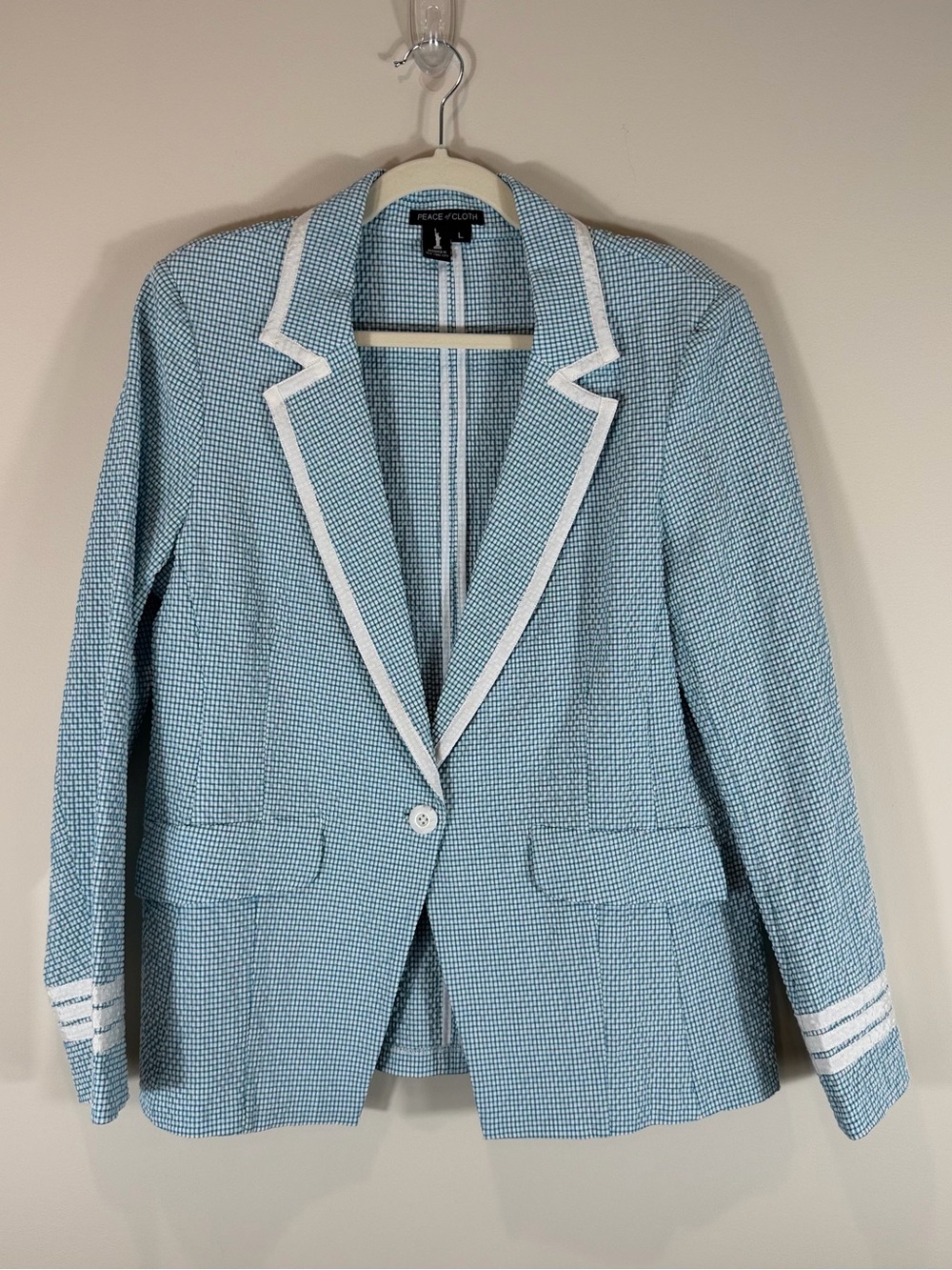 Peace of Cloth Vintage Aqua Blue & White Gingham Blazer Size Large